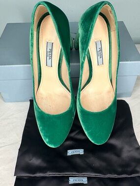 Prada Emerald Green Velvet Block Heel Pumps